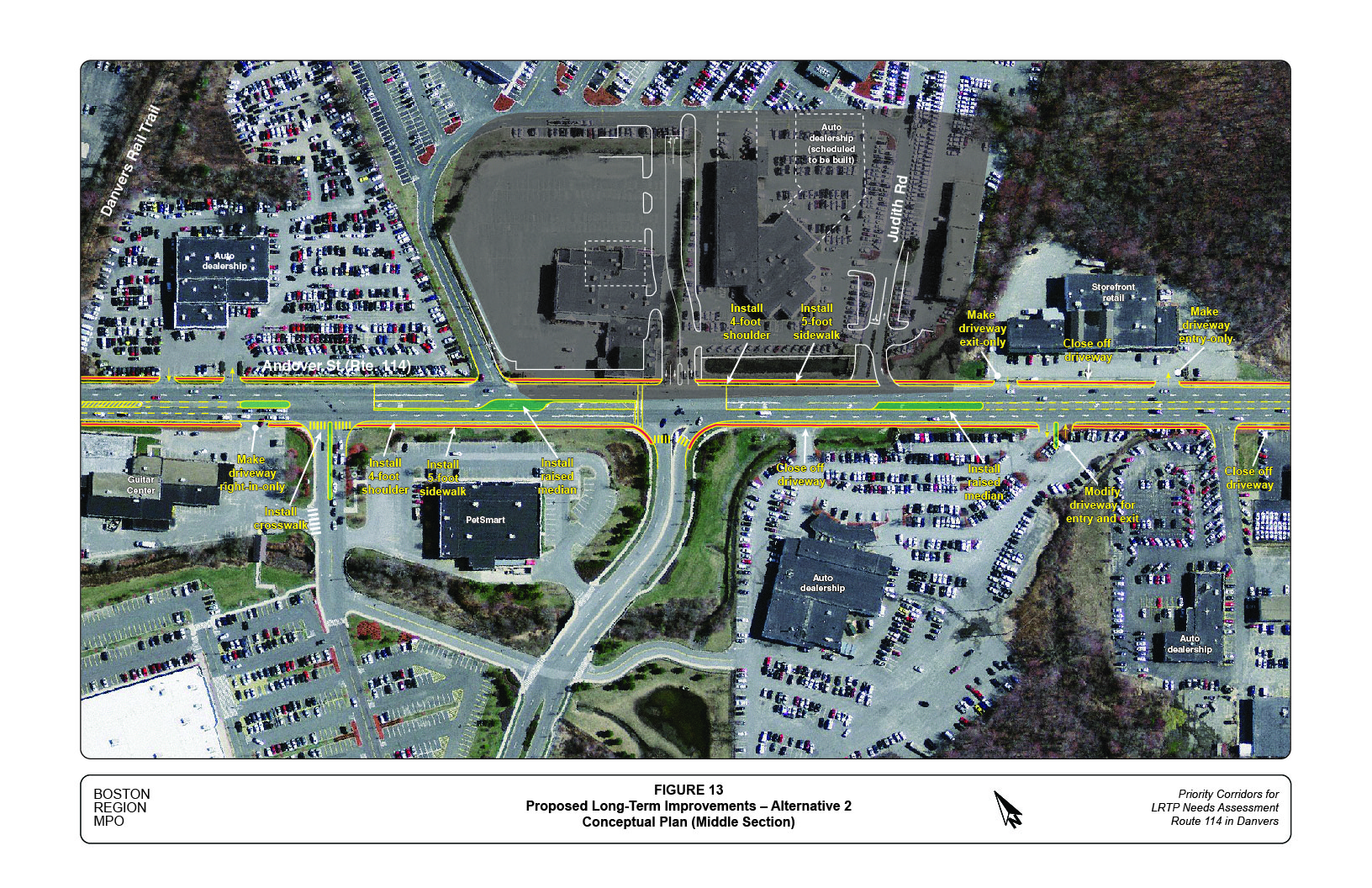 Figure 13 shows the locations and layouts of the proposed long-term improvements in Alternative 2 in the middle section of the study corridor.